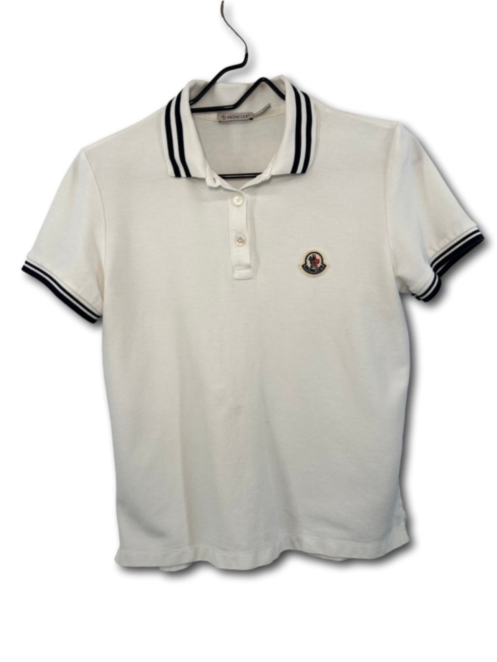 MONCLER Women’s White Pique Cotton Polo Shirt Tipped Collar Patch Logo Size S